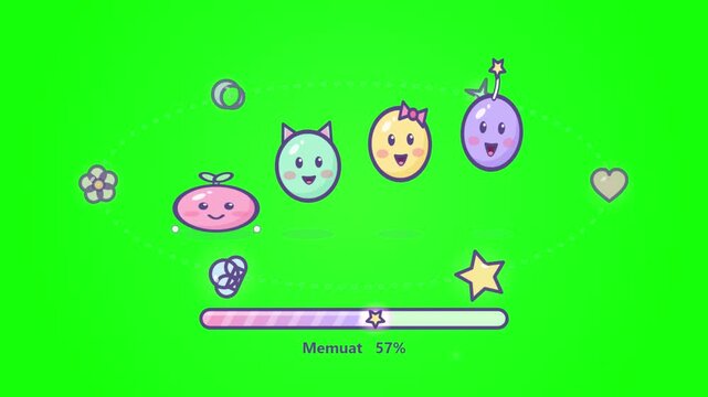 Cute kawaii loading progress bar with pastel characters on green screen
