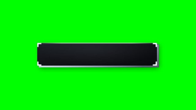 Cinematic dark rectangular graphic element with polished silver frame appearing and fading on a vibrant green screen background, representing digital UI, creative design, or informational overlay