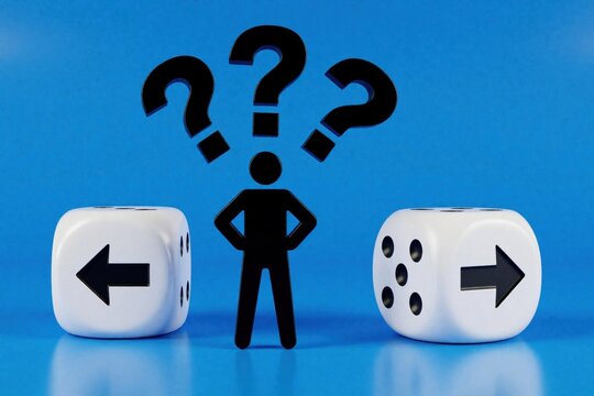 Black silhouette person stands between two large white dice with arrows. Three question marks float above head. Man faces difficult choice between left, right directions. Concept of risk, dilemma,