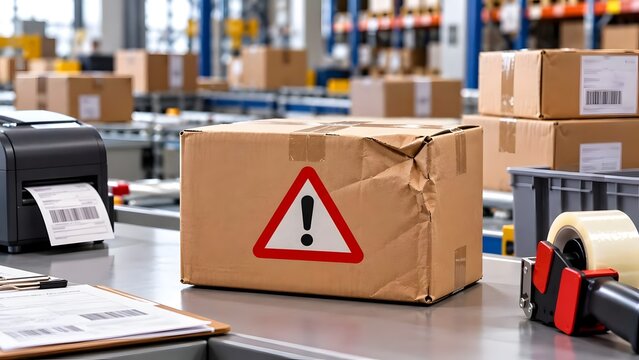 Logistics shipping warning concept cardboard box with red alert triangle sign on warehouse sorting belt for hazardous material
