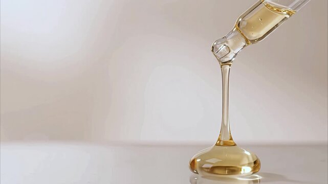 Cosmetic oil dropper dispensing golden serum liquid onto smooth clean surface inside studio