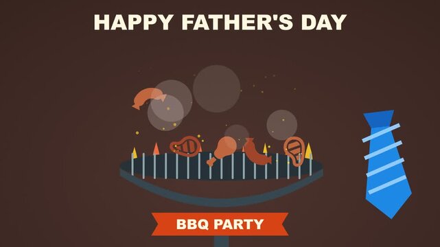 Father's Day BBQ animation with glowing grill, sausage, steak and drumstick flipping, smoke and BBQ party ribbon