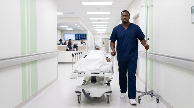 Male nurse pushing hospital gurney with patient, urgent medical transport in bright corridor, healthcare emergency staff, professional medical photography