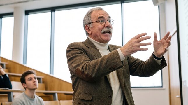 Senior male professor teaching in modern university lecture hall, gesturing during lecture presentation with attentive student in foreground