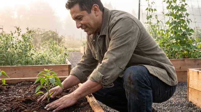 Middle-aged man gardening, planting young vegetable in raised bed, working in community garden outdoor setting