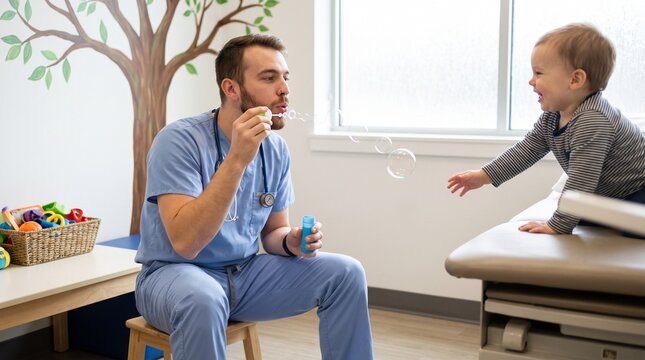 Male pediatrician blowing bubbles, entertaining smiling toddler patient in medical exam room, pediatric care and healthcare setting