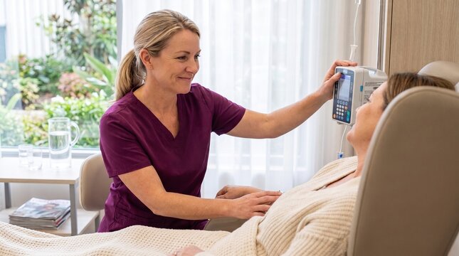 Friendly nurse adjusting IV infusion pump for female patient, sitting in medical clinic room