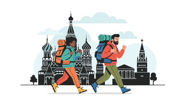 Two diverse backpackers walking through Moscow with Saint Basils Cathedral and the Kremlin in the background.