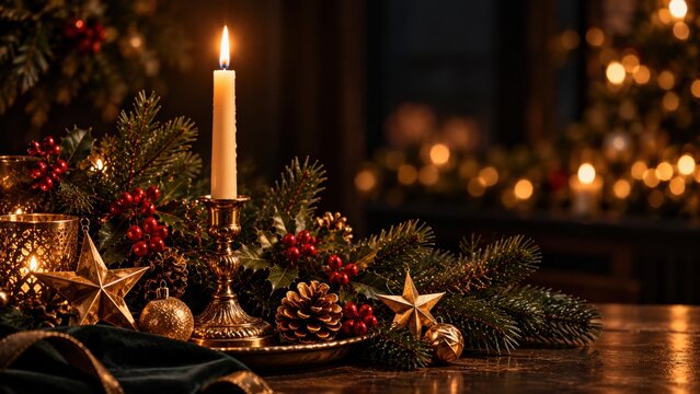 Ivory taper candle in a brass holder with evergreen branches, red berries and gold stars. Christmas background with right copy space.