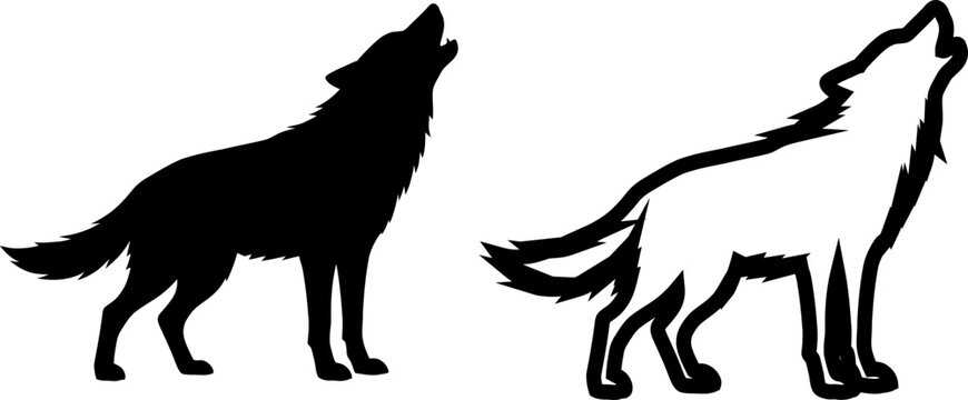 Two wolf silhouettes presented in a contrasting style both captured in a dramatic howling pose against a simple white backdrop for design