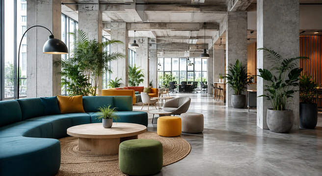 Spacious Modern Industrial Office Interior Design With Comfortable Sofas and Green Indoor Plants