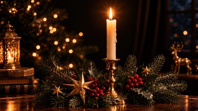 Ivory taper with brass holder, red berries and a gold star beside a lantern on stacked books. Christmas still life background for holiday banners.