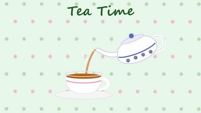 Tea time animation with porcelain teapot pouring tea into cup, swinging tea bag, spiral steam and floral pattern