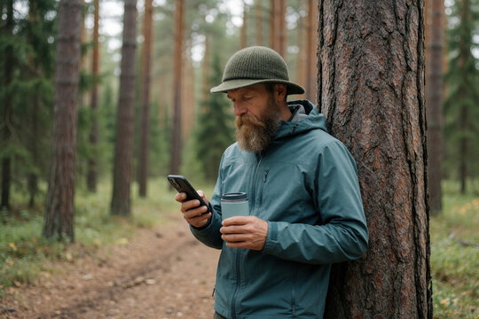 Bearded man in hat, teal jacket leans against tree in forest. Male hiker uses smartphone holding warm drink in cup. Adult traveler checks map message during outdoor adventure walk in autumn woods