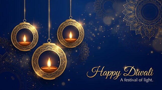 Diwali festival with glowing oil lamps golden ornaments and dark