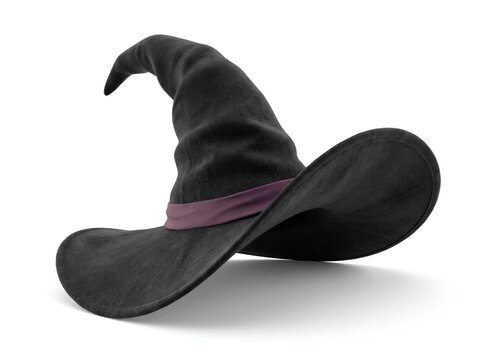 Classic black witch hat with an exaggerated curved silhouette isolated on white for Halloween campaigns, party invitations, and seasonal design.