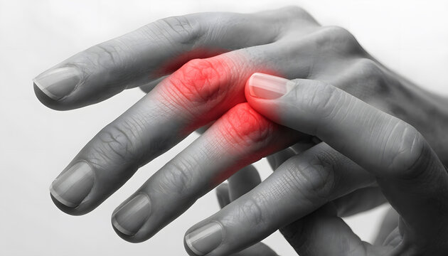 Person touching painful finger joint with red highlight indicating inflammation and arthritis symptoms