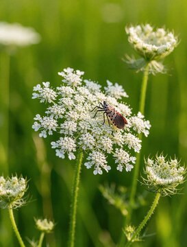Spotted lanternfly insect sits on white flower in summer field. Invasive pest eats plant nectar on wild umbellifer. Red black spotted bug stays on blooming flora in garden. Close up shot of harmful