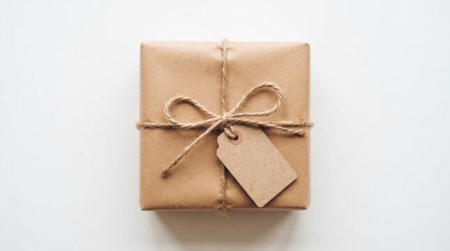 Top View of Square Gift Box Wrapped in Brown Kraft Paper Tied with Natural Jute Twine Bow and Blank Cardboard Tag Isolated on White Background, Eco Friendly Minimalist Present Mockup