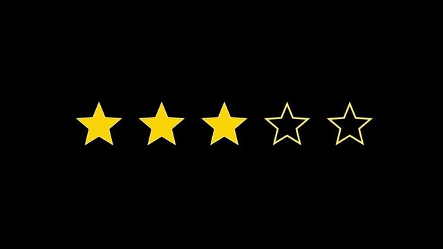 Gold five star rating animation with popup on the black background ,Motion graphics of customer review concept 4k video