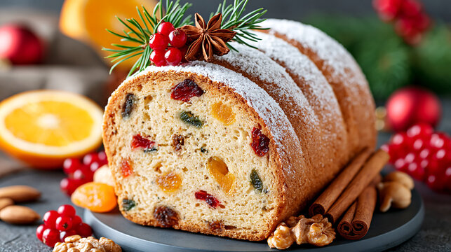 Traditional Christmas fruitcake surrounded by dried fruits, nuts, and festive decorations, creating a classic seasonal holiday food concept.