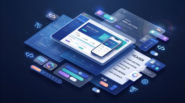 Futuristic Isometric Web Development Workspace Featuring Dashboard Components, Wireframes, and UI Design Elements

