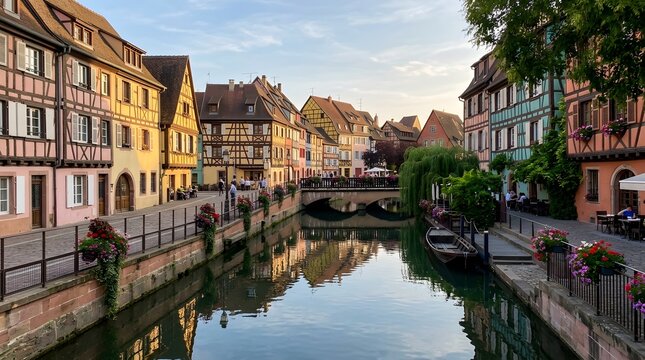Colmar Old Town, France, colorful half-timbered houses, canal reflections, charming European village.