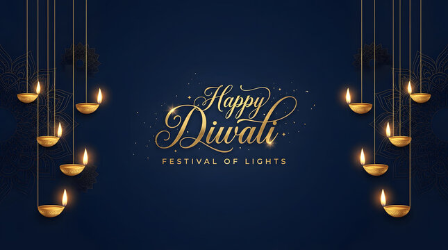 Diwali festival hanging golden oil lamps glowing text isolated on