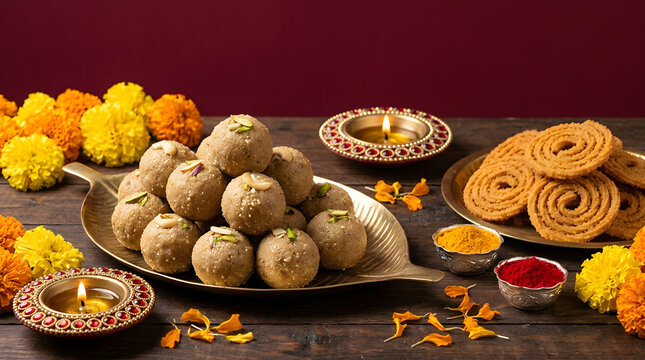 Diwali sweets laddu chakli and marigold flowers isolated on