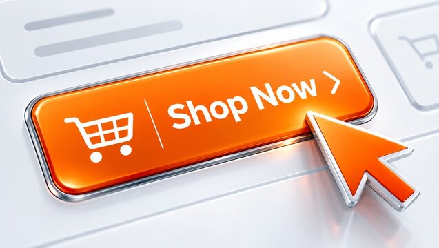 Online shopping button with cursor clicking orange shop now icon and cart symbol for ecommerce retail checkout and digital marketing interface