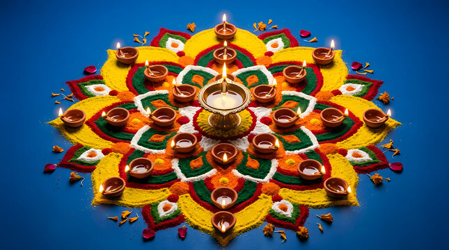 Diwali rangoli with lit clay lamps flowers and colorful powder