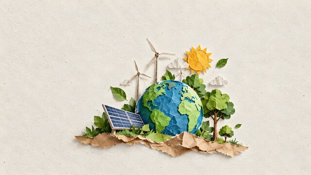 Torn paper style earth globe with solar panels, wind turbines and green trees
