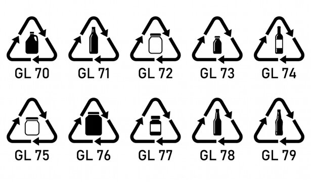 Glass Recycling Codes GL 70&ndash;79 Icon Set with Bottle Symbols Vector Illustration
