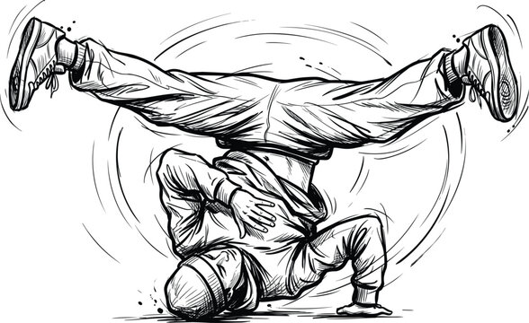 Breakdancer Bboy Performing Windmill Floor Move Silhouette Line Art.