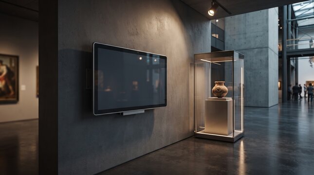Blank digital screen mockup on museum wall next to ancient pottery