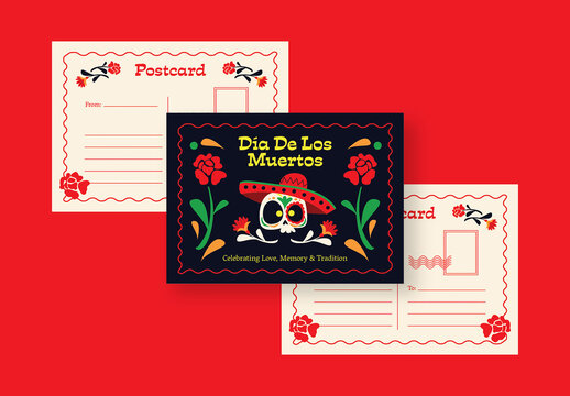 Black and Red Flat Playful Dia de Los Muertos Postcard