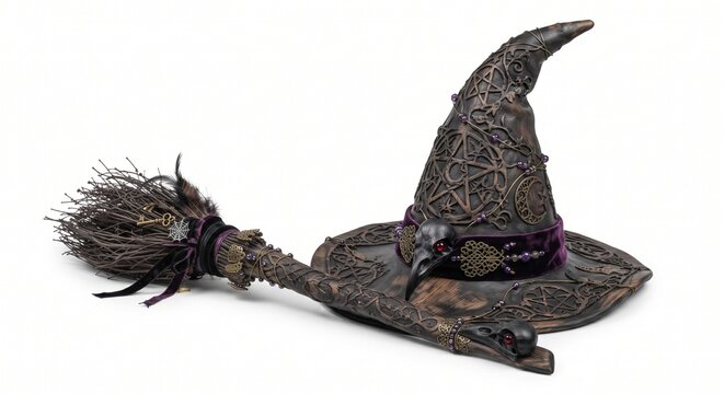 Spooky sorcerer costume accessories including pointed hat and broom for Halloween celebration design