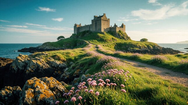 Ancient stone castle sits on green hilltop overlooking blue ocean. Scenic medieval fortress ruins on rugged coastal cliff. Narrow dirt path with pink wild flowers leads to historic castle structure