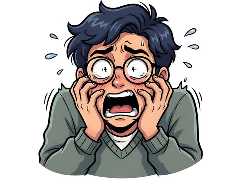 Terrified and panicked young man character with glasses cartoon sticker showing scared screaming facial expression isolated on white background