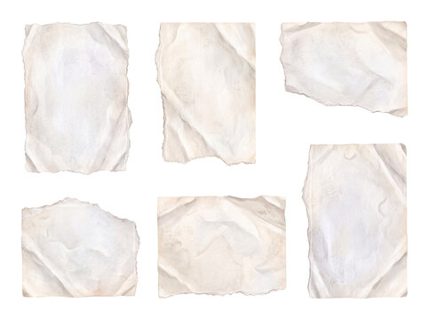 Watercolor torn paper pieces with crumpled texture and rough edges