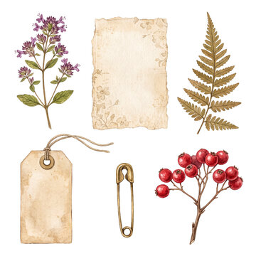 Watercolor botanical and vintage elements with oregano and fern
