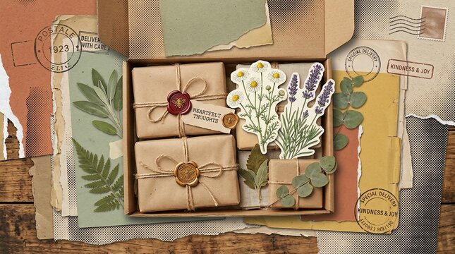 open cardboard gift box filled with wrapped parcels and botanical elements on rustic wood surface
