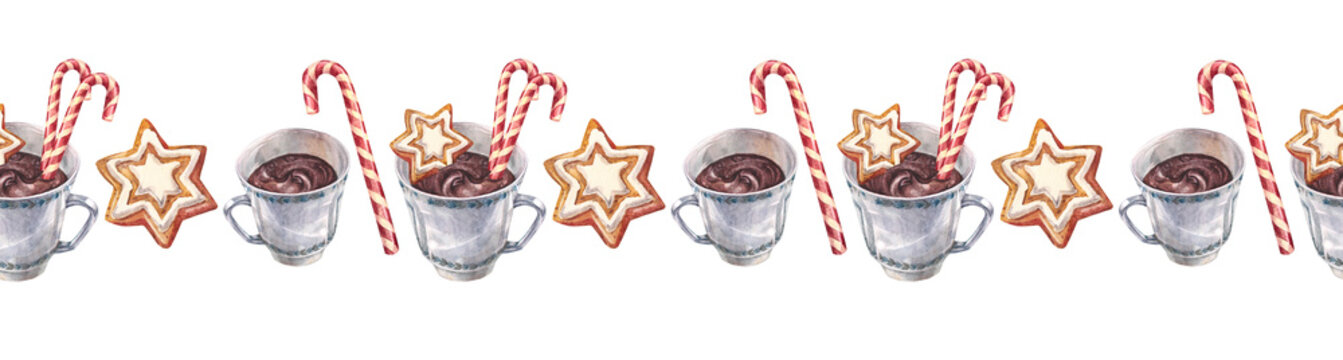 Watercolor Christmas seamless border with dessert cup of hot chocolate with gingerbread and lollipop candy cane on white background. Winter sweet drink for cute cookbook. Rim for wallpaper wrapping