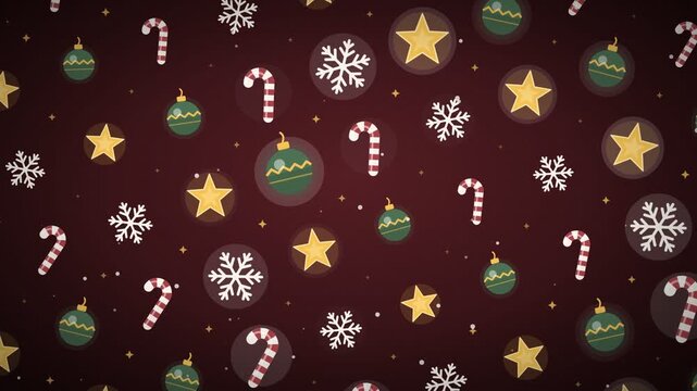 Animated Christmas pattern with baubles, candy canes, stars and snowflakes on a dark festive background