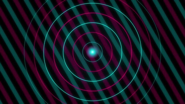 Pulsating Neon Radar Circles on Dark Diagonal Striped Background Loop