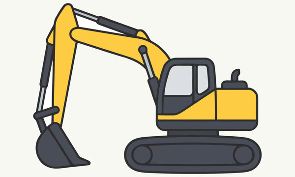 Yellow crawler excavator vector illustration side view with hydraulic boom arm and digging bucket