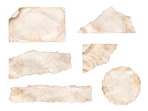 Assorted crumpled watercolor paper pieces on transparent background