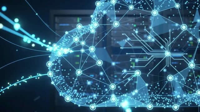 Glowing blue digital network connection forming cloud shape over server room background, innovative technology concept, high-speed data transfer, stock illustration
