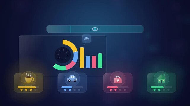Modern fintech dashboard with colorful icons for daily expenses on a dark digital background representing financial tracking wealth management and smart budgeting
