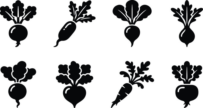 Black silhouette collection of radishes and beets with green tops